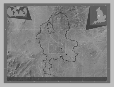 Photo for Staffordshire, administrative county of England - Great Britain. Grayscale elevation map with lakes and rivers. Locations of major cities of the region. Corner auxiliary location maps - Royalty Free Image