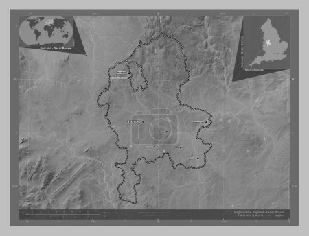 Photo for Staffordshire, administrative county of England - Great Britain. Grayscale elevation map with lakes and rivers. Locations and names of major cities of the region. Corner auxiliary location maps - Royalty Free Image