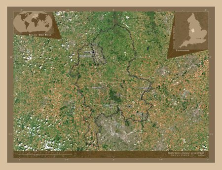 Photo for Staffordshire, administrative county of England - Great Britain. Low resolution satellite map. Locations and names of major cities of the region. Corner auxiliary location maps - Royalty Free Image