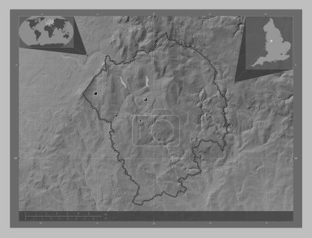 Photo for Staffordshire Moorlands, non metropolitan district of England - Great Britain. Grayscale elevation map with lakes and rivers. Locations of major cities of the region. Corner auxiliary location maps - Royalty Free Image