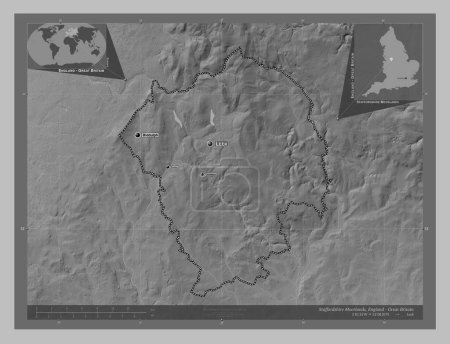 Photo for Staffordshire Moorlands, non metropolitan district of England - Great Britain. Grayscale elevation map with lakes and rivers. Locations and names of major cities of the region. Corner auxiliary location maps - Royalty Free Image