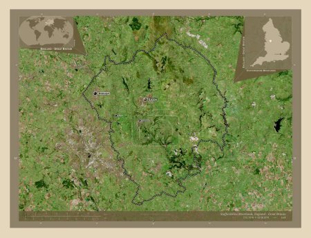 Photo for Staffordshire Moorlands, non metropolitan district of England - Great Britain. High resolution satellite map. Locations and names of major cities of the region. Corner auxiliary location maps - Royalty Free Image
