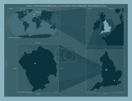 Foto de Staffordshire Moorlands, distrito no metropolitano de Inglaterra Gran Bretaña. Diagrama que muestra la ubicación de la región en mapas a gran escala. Composición de marcos vectoriales y formas PNG sobre un fondo sólido - Imagen libre de derechos