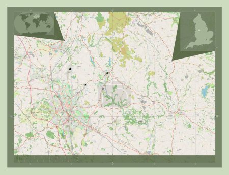 Foto de Staffordshire Moorlands, distrito no metropolitano de Inglaterra Gran Bretaña. Open Street Map. Ubicaciones de las principales ciudades de la región. Mapas de ubicación auxiliares de esquina - Imagen libre de derechos