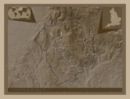 Photo for Staffordshire Moorlands, non metropolitan district of England - Great Britain. Elevation map colored in sepia tones with lakes and rivers. Corner auxiliary location maps - Royalty Free Image