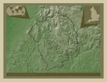 Foto de Staffordshire Moorlands, distrito no metropolitano de Inglaterra Gran Bretaña. Mapa de elevación coloreado en estilo wiki con lagos y ríos. Mapas de ubicación auxiliares de esquina - Imagen libre de derechos