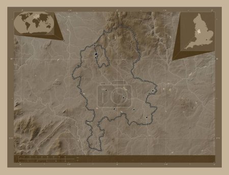 Photo for Staffordshire, administrative county of England - Great Britain. Elevation map colored in sepia tones with lakes and rivers. Locations of major cities of the region. Corner auxiliary location maps - Royalty Free Image
