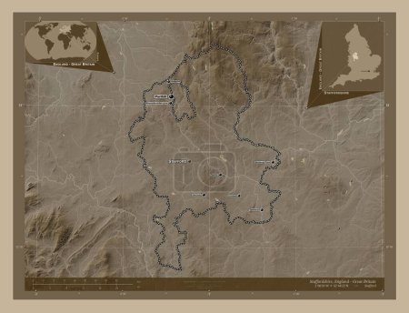Photo for Staffordshire, administrative county of England - Great Britain. Elevation map colored in sepia tones with lakes and rivers. Locations and names of major cities of the region. Corner auxiliary location maps - Royalty Free Image