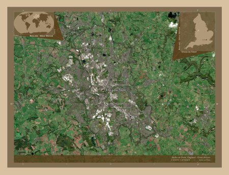 Foto de Stoke-on-Trent, autoridad unitaria de Inglaterra Gran Bretaña. Mapa satelital de baja resolución. Ubicaciones y nombres de las principales ciudades de la región. Mapas de ubicación auxiliares de esquina - Imagen libre de derechos