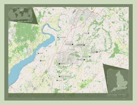Foto de Stroud, distrito no metropolitano de Inglaterra Gran Bretaña. Open Street Map. Ubicaciones y nombres de las principales ciudades de la región. Mapas de ubicación auxiliares de esquina - Imagen libre de derechos