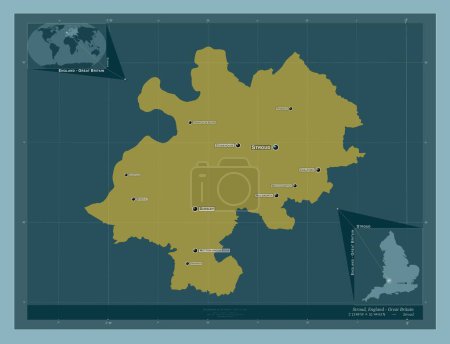 Foto de Stroud, distrito no metropolitano de Inglaterra Gran Bretaña. Forma de color sólido. Ubicaciones y nombres de las principales ciudades de la región. Mapas de ubicación auxiliares de esquina - Imagen libre de derechos