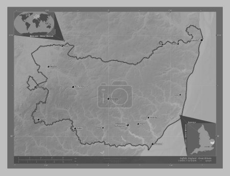 Photo for Suffolk, administrative county of England - Great Britain. Grayscale elevation map with lakes and rivers. Locations and names of major cities of the region. Corner auxiliary location maps - Royalty Free Image