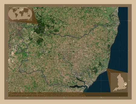 Photo for Suffolk, administrative county of England - Great Britain. Low resolution satellite map. Locations of major cities of the region. Corner auxiliary location maps - Royalty Free Image