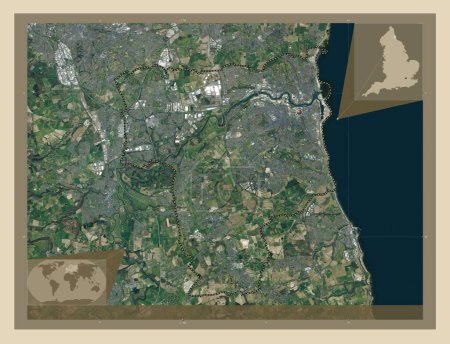 Téléchargez les photos : Sunderland, autorité unitaire de l'Angleterre - Grande-Bretagne. Carte satellite haute résolution. Corner cartes de localisation auxiliaires - en image libre de droit