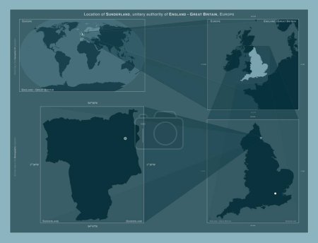 Foto de Sunderland, autoridad unitaria de Inglaterra Gran Bretaña. Diagrama que muestra la ubicación de la región en mapas a gran escala. Composición de marcos vectoriales y formas PNG sobre un fondo sólido - Imagen libre de derechos