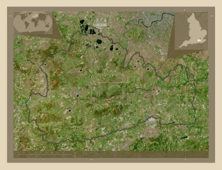 Foto de Surrey, condado administrativo de Inglaterra - Gran Bretaña. Mapa satelital de alta resolución. Ubicaciones de las principales ciudades de la región. Mapas de ubicación auxiliares de esquina - Imagen libre de derechos