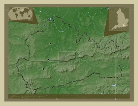 Foto de Surrey, condado administrativo de Inglaterra - Gran Bretaña. Mapa de elevación coloreado en estilo wiki con lagos y ríos. Ubicaciones de las principales ciudades de la región. Mapas de ubicación auxiliares de esquina - Imagen libre de derechos
