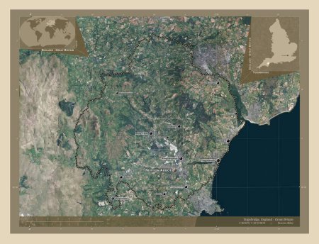 Foto de Teignbridge, distrito no metropolitano de Inglaterra Gran Bretaña. Mapa satelital de alta resolución. Ubicaciones y nombres de las principales ciudades de la región. Mapas de ubicación auxiliares de esquina - Imagen libre de derechos