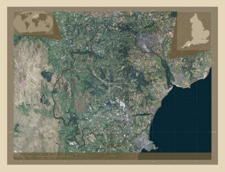 Foto de Teignbridge, distrito no metropolitano de Inglaterra Gran Bretaña. Mapa satelital de alta resolución. Mapas de ubicación auxiliares de esquina - Imagen libre de derechos