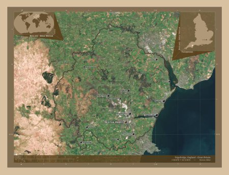 Foto de Teignbridge, distrito no metropolitano de Inglaterra Gran Bretaña. Mapa satelital de baja resolución. Ubicaciones y nombres de las principales ciudades de la región. Mapas de ubicación auxiliares de esquina - Imagen libre de derechos