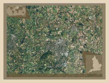 Foto de Telford y Wrekin, autoridad unitaria de Inglaterra Gran Bretaña. Mapa satelital de alta resolución. Ubicaciones de las principales ciudades de la región. Mapas de ubicación auxiliares de esquina - Imagen libre de derechos