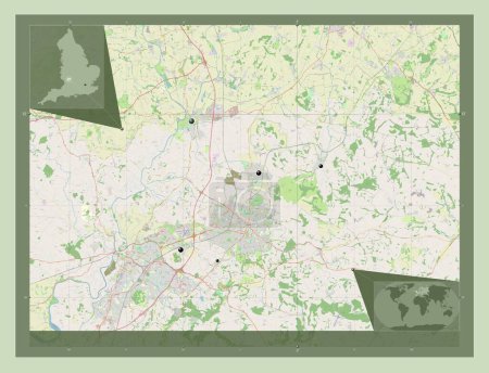 Foto de Tewkesbury, distrito no metropolitano de Inglaterra - Gran Bretaña. Open Street Map. Ubicaciones de las principales ciudades de la región. Mapas de ubicación auxiliares de esquina - Imagen libre de derechos