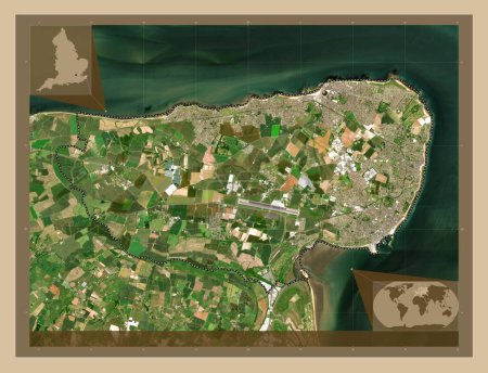 Foto de Thanet, distrito no metropolitano de Inglaterra Gran Bretaña. Mapa satelital de baja resolución. Mapas de ubicación auxiliares de esquina - Imagen libre de derechos
