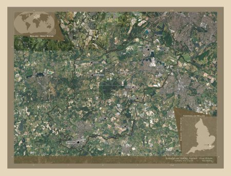 Foto de Tonbridge y Malling, distrito no metropolitano de Inglaterra Gran Bretaña. Mapa satelital de alta resolución. Ubicaciones y nombres de las principales ciudades de la región. Mapas de ubicación auxiliares de esquina - Imagen libre de derechos