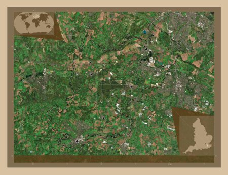 Foto de Tonbridge y Malling, distrito no metropolitano de Inglaterra Gran Bretaña. Mapa satelital de baja resolución. Ubicaciones de las principales ciudades de la región. Mapas de ubicación auxiliares de esquina - Imagen libre de derechos