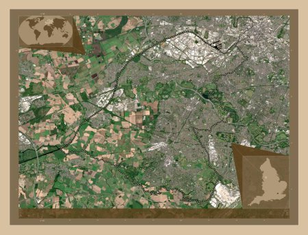 Téléchargez les photos : Trafford, district métropolitain d'Angleterre - Grande-Bretagne. Carte satellite basse résolution. Corner cartes de localisation auxiliaires - en image libre de droit