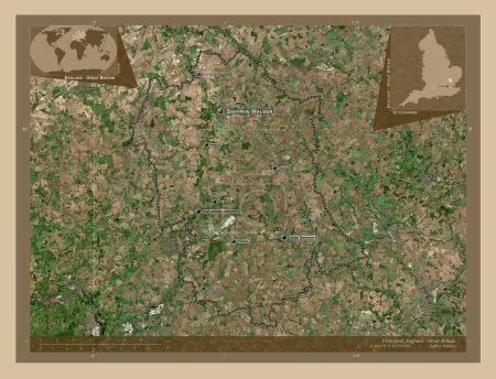 Foto de Uttlesford, distrito no metropolitano de Inglaterra Gran Bretaña. Mapa satelital de baja resolución. Ubicaciones y nombres de las principales ciudades de la región. Mapas de ubicación auxiliares de esquina - Imagen libre de derechos