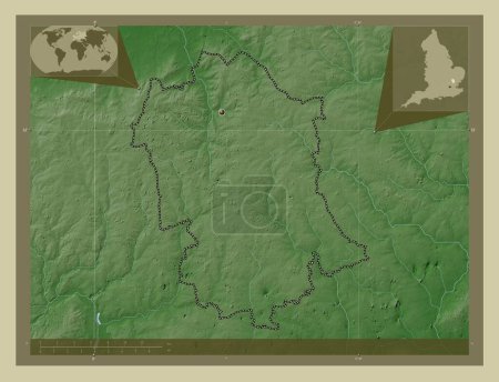 Téléchargez les photos : Uttlesford, district non métropolitain d'Angleterre - Grande-Bretagne. Carte d'altitude colorée dans le style wiki avec des lacs et des rivières. Corner cartes de localisation auxiliaires - en image libre de droit