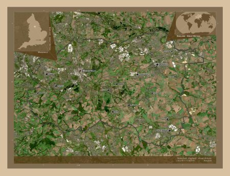 Foto de Wakefield, autoridad unitaria de Inglaterra Gran Bretaña. Mapa satelital de baja resolución. Ubicaciones y nombres de las principales ciudades de la región. Mapas de ubicación auxiliares de esquina - Imagen libre de derechos