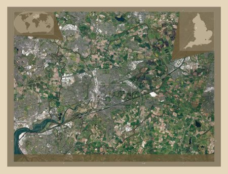 Téléchargez les photos : Warrington, autorité unitaire de l'Angleterre - Grande-Bretagne. Carte satellite haute résolution. Corner cartes de localisation auxiliaires - en image libre de droit