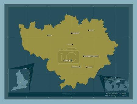 Foto de Warwick, distrito no metropolitano de Inglaterra Gran Bretaña. Forma de color sólido. Ubicaciones y nombres de las principales ciudades de la región. Mapas de ubicación auxiliares de esquina - Imagen libre de derechos