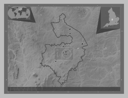 Photo for Warwickshire, administrative county of England - Great Britain. Grayscale elevation map with lakes and rivers. Locations of major cities of the region. Corner auxiliary location maps - Royalty Free Image