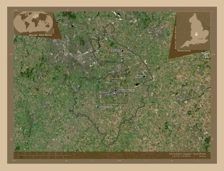 Photo for Warwickshire, administrative county of England - Great Britain. Low resolution satellite map. Locations and names of major cities of the region. Corner auxiliary location maps - Royalty Free Image