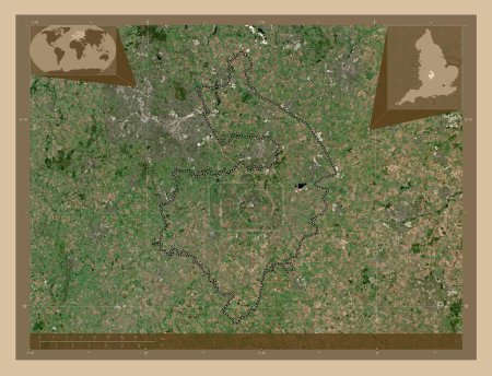 Téléchargez les photos : Warwickshire, comté administratif d'Angleterre - Grande-Bretagne. Carte satellite basse résolution. Corner cartes de localisation auxiliaires - en image libre de droit