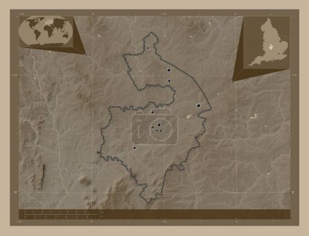 Photo for Warwickshire, administrative county of England - Great Britain. Elevation map colored in sepia tones with lakes and rivers. Locations of major cities of the region. Corner auxiliary location maps - Royalty Free Image