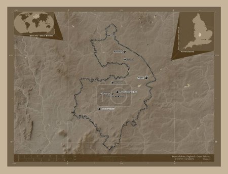 Photo for Warwickshire, administrative county of England - Great Britain. Elevation map colored in sepia tones with lakes and rivers. Locations and names of major cities of the region. Corner auxiliary location maps - Royalty Free Image