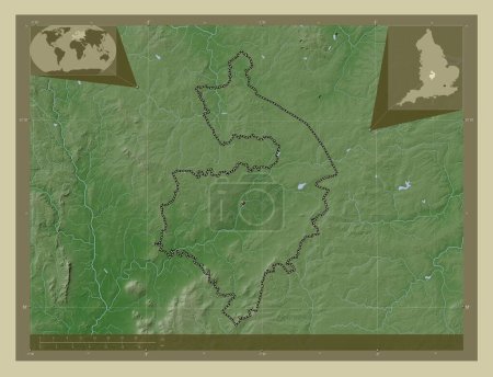 Téléchargez les photos : Warwickshire, comté administratif d'Angleterre - Grande-Bretagne. Carte d'altitude colorée dans le style wiki avec des lacs et des rivières. Corner cartes de localisation auxiliaires - en image libre de droit