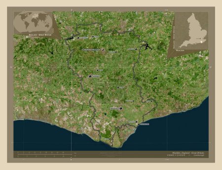 Foto de Wealden, distrito no metropolitano de Inglaterra Gran Bretaña. Mapa satelital de alta resolución. Ubicaciones y nombres de las principales ciudades de la región. Mapas de ubicación auxiliares de esquina - Imagen libre de derechos