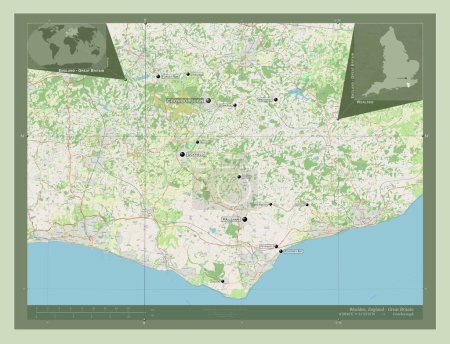 Foto de Wealden, distrito no metropolitano de Inglaterra Gran Bretaña. Open Street Map. Ubicaciones y nombres de las principales ciudades de la región. Mapas de ubicación auxiliares de esquina - Imagen libre de derechos