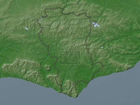 Foto de Wealden, distrito no metropolitano de Inglaterra Gran Bretaña. Mapa de elevación coloreado en estilo wiki con lagos y ríos - Imagen libre de derechos