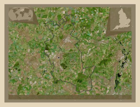 Foto de Welwyn Hatfield, distrito no metropolitano de Inglaterra Gran Bretaña. Mapa satelital de alta resolución. Ubicaciones de las principales ciudades de la región. Mapas de ubicación auxiliares de esquina - Imagen libre de derechos