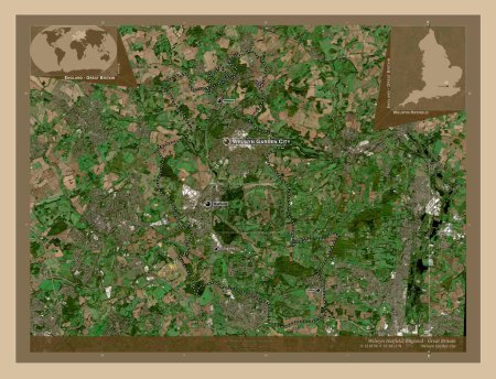 Foto de Welwyn Hatfield, distrito no metropolitano de Inglaterra Gran Bretaña. Mapa satelital de baja resolución. Ubicaciones y nombres de las principales ciudades de la región. Mapas de ubicación auxiliares de esquina - Imagen libre de derechos