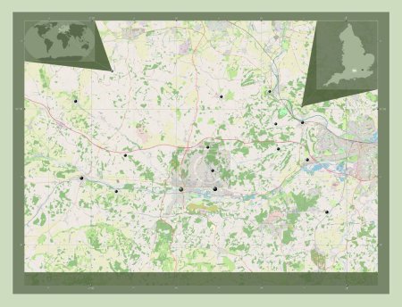 Foto de West Berkshire, condado de Inglaterra Gran Bretaña. Open Street Map. Ubicaciones de las principales ciudades de la región. Mapas de ubicación auxiliares de esquina - Imagen libre de derechos