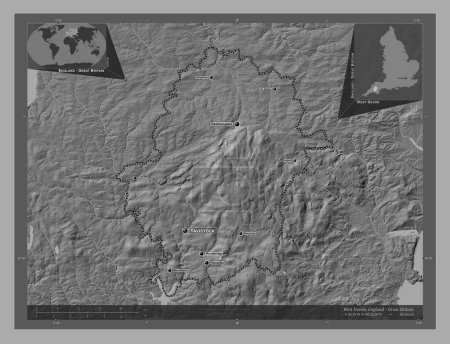Photo for West Devon, non metropolitan district of England - Great Britain. Bilevel elevation map with lakes and rivers. Locations and names of major cities of the region. Corner auxiliary location maps - Royalty Free Image