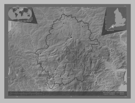 Foto de West Devon, distrito no metropolitano de Inglaterra Gran Bretaña. Mapa de elevación a escala de grises con lagos y ríos. Ubicaciones y nombres de las principales ciudades de la región. Mapas de ubicación auxiliares de esquina - Imagen libre de derechos