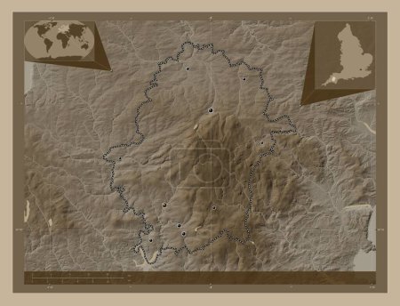 Photo for West Devon, non metropolitan district of England - Great Britain. Elevation map colored in sepia tones with lakes and rivers. Locations of major cities of the region. Corner auxiliary location maps - Royalty Free Image